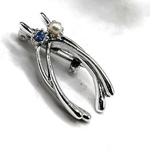 "5/$25" Double Wishbone Faux Pearl Blue Crystal Silvertone Brooch Pin